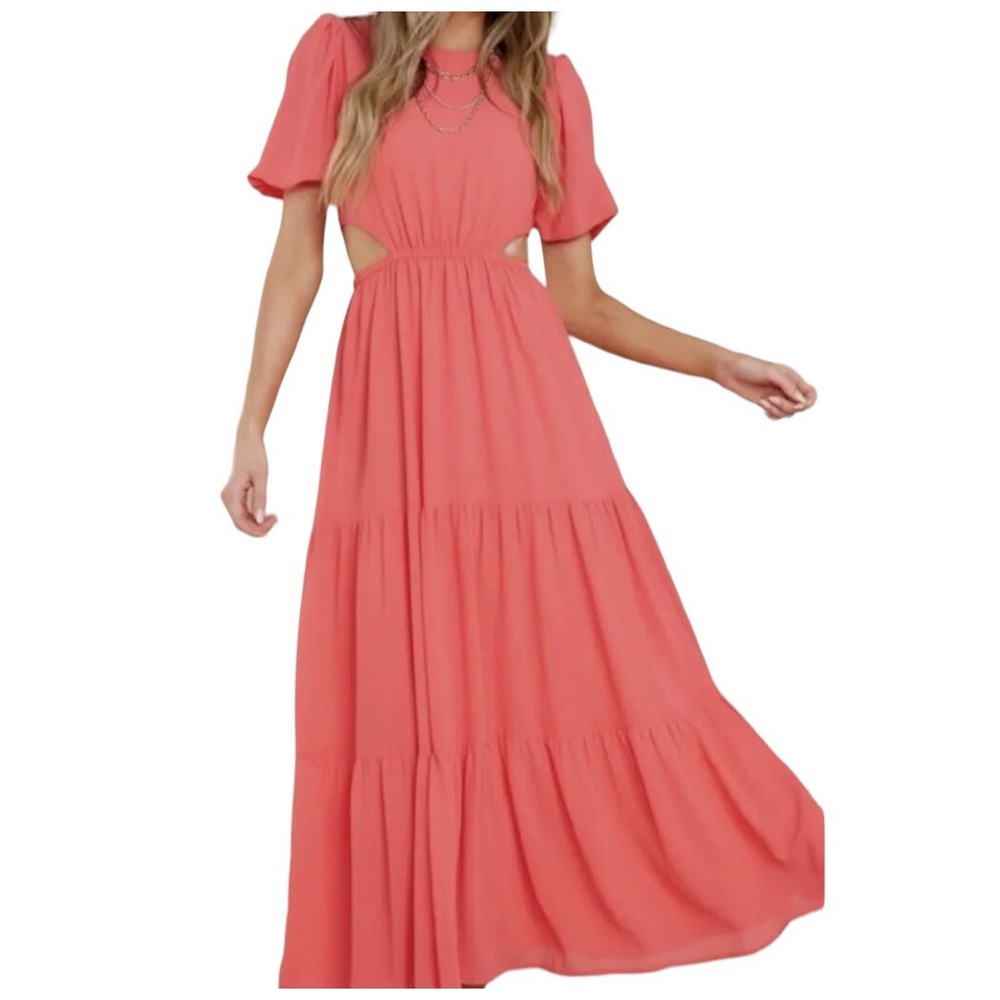 Aura Maxi‎ Dress Medium Coral Pink Puff Sleeve Side Cutout Tiered Boho Resort